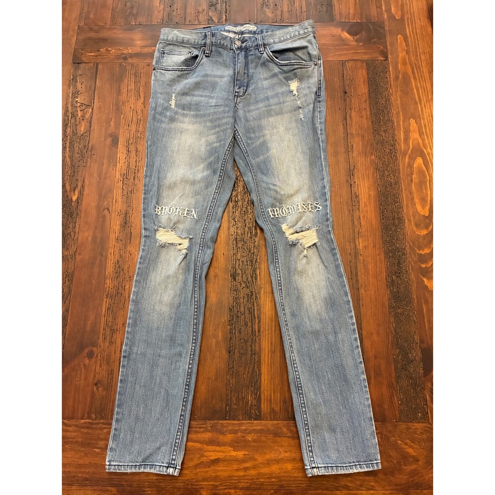 Broken Promises Distressed Jeans Streetwear Embroidered Knees Men's Size 32x31